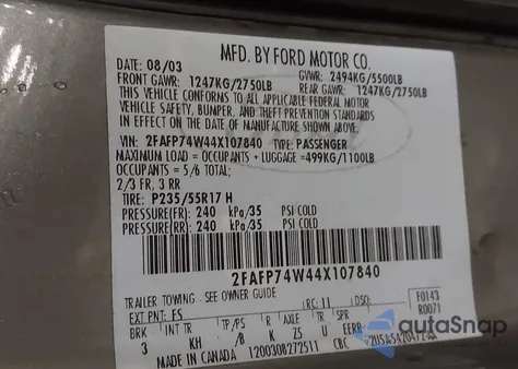 2004 Ford Crown Victoria Lx from USA, damaged, VIN 2FAFP74W44X107840